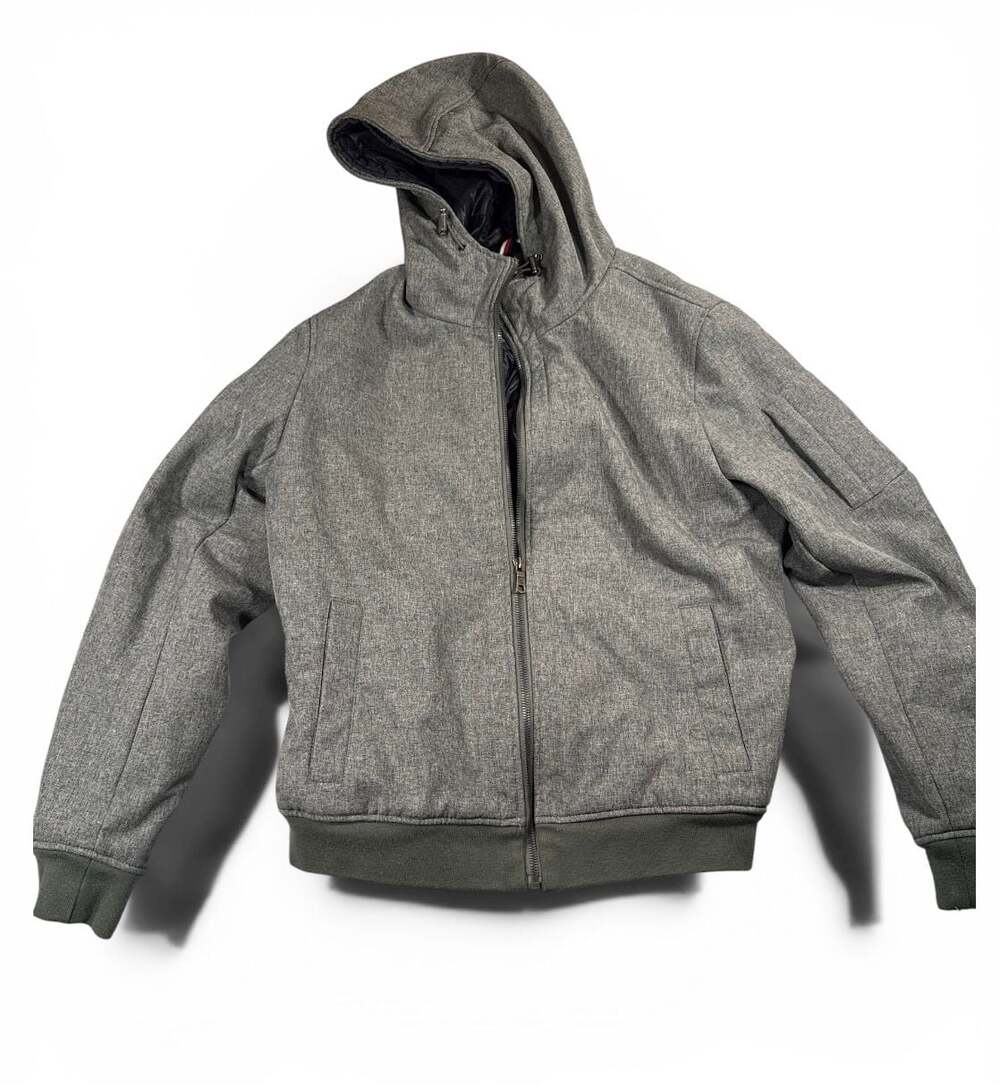 Tommy Hilfiger Men's Gray Soft-Shell Hooded Bomber Jacket